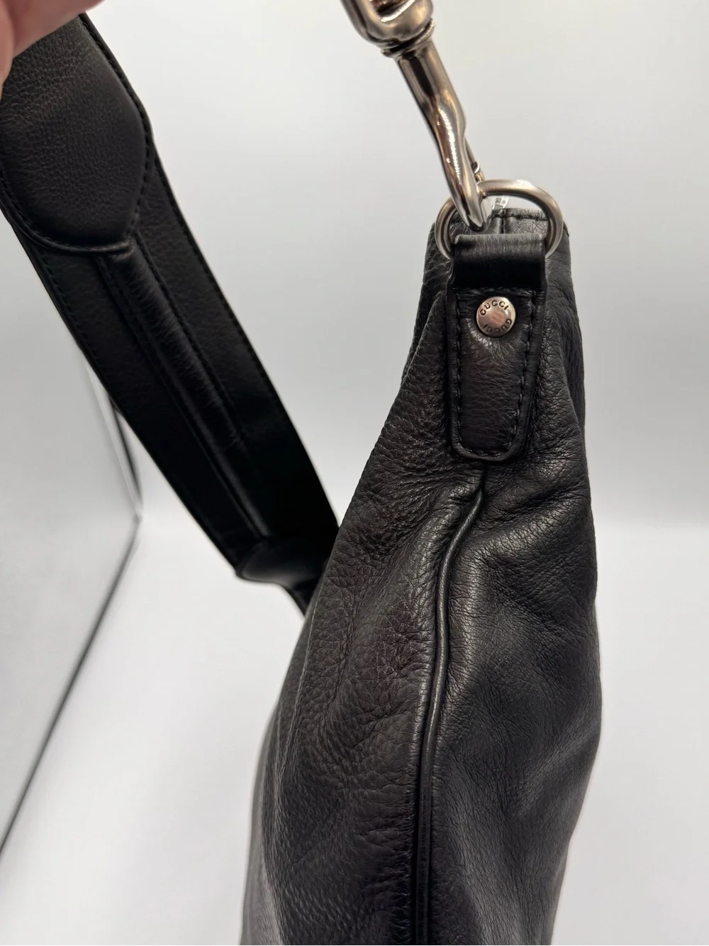 Gucci Black Leather Large Hobo Shoulder Bag Silver Hardware
